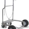 Silver metal cylinder cart with wheels.